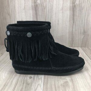 Minnetonka Ankle Boots Womens 6.5 Black Suede Fringe Zip Moccasin Bootie Shoes